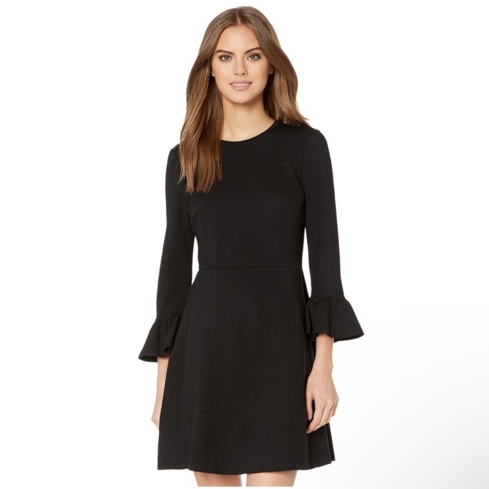 KATE SPADE BELL SLEEVE STRETCH PONTE FIT & FLARE DRESS BLACK SIZE LARGE